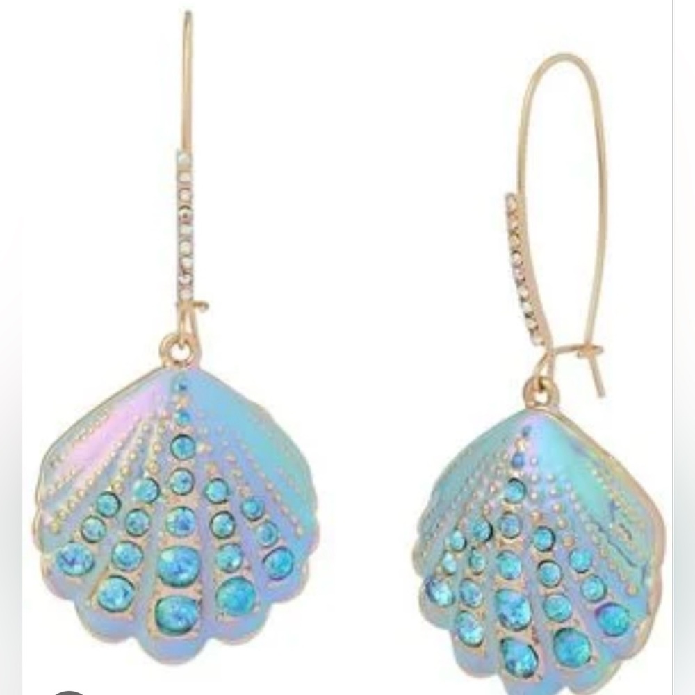 New Betsey Johnson Iridescent Shell Drop Earrings with Aqua Crystals